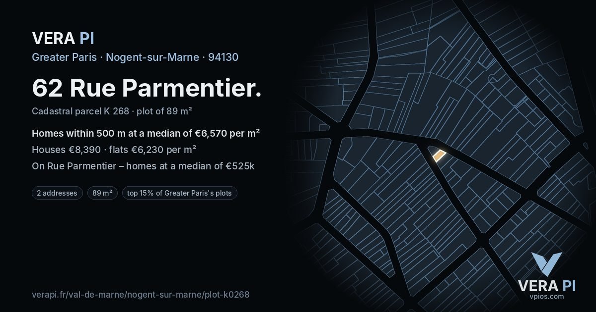 62 Rue Parmentier, Nogent-sur-Marne at night – the plot lit, the parcels around coloured by the prices near them