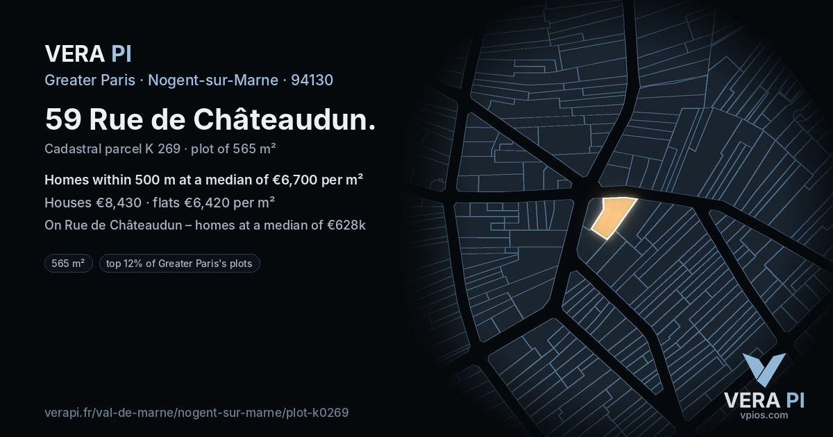 59 Rue de Châteaudun, Nogent-sur-Marne at night – the plot lit, the parcels around coloured by the prices near them