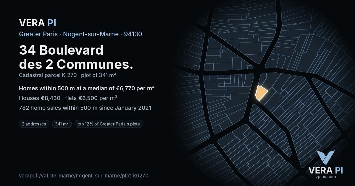34 Boulevard des 2 Communes, Nogent-sur-Marne at night – the plot lit, the parcels around coloured by the prices near them