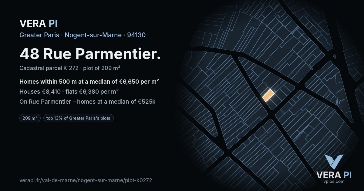 48 Rue Parmentier, Nogent-sur-Marne at night – the plot lit, the parcels around coloured by the prices near them
