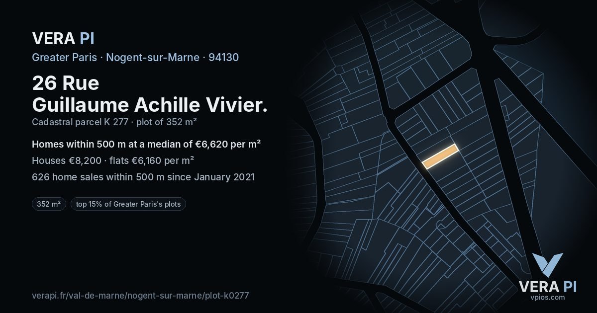 26 Rue Guillaume Achille Vivier, Nogent-sur-Marne at night – the plot lit, the parcels around coloured by the prices near them