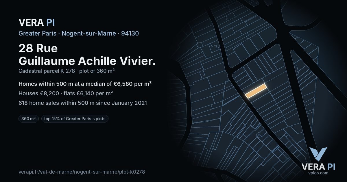 28 Rue Guillaume Achille Vivier, Nogent-sur-Marne at night – the plot lit, the parcels around coloured by the prices near them