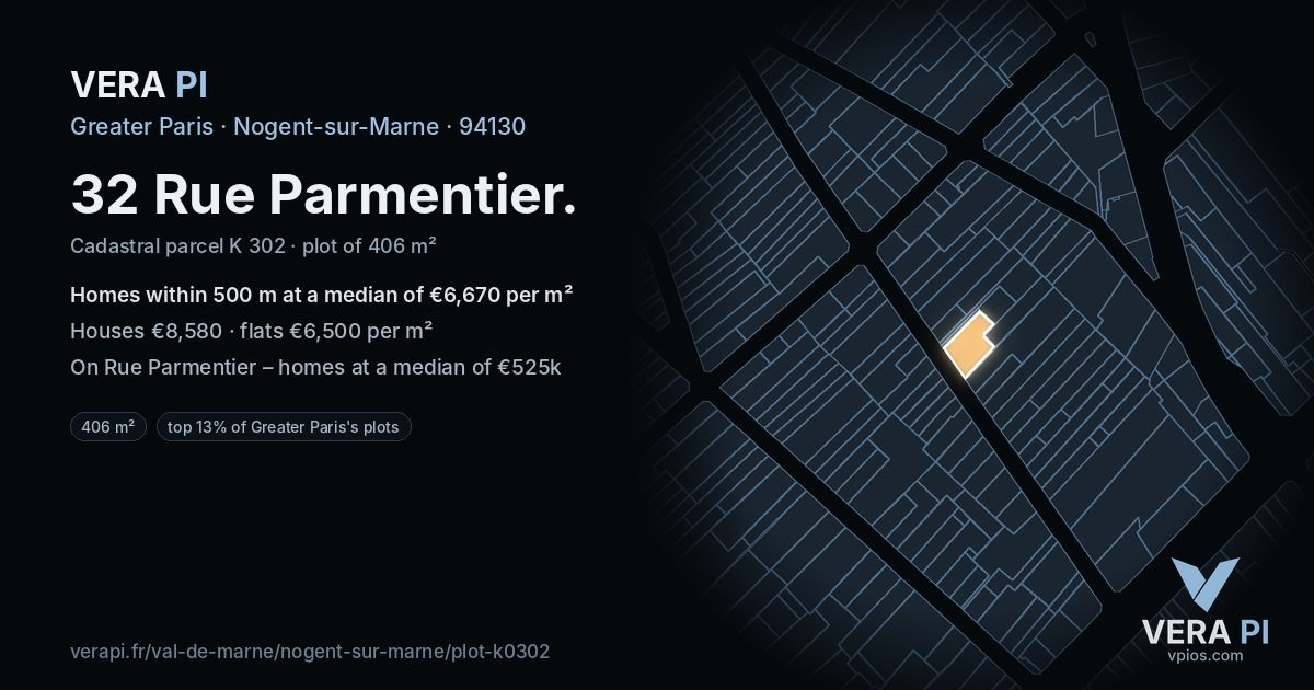 32 Rue Parmentier, Nogent-sur-Marne at night – the plot lit, the parcels around coloured by the prices near them