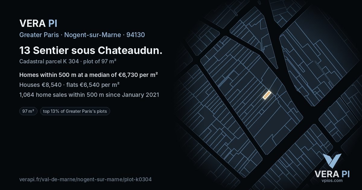 13 Sentier sous Chateaudun, Nogent-sur-Marne at night – the plot lit, the parcels around coloured by the prices near them