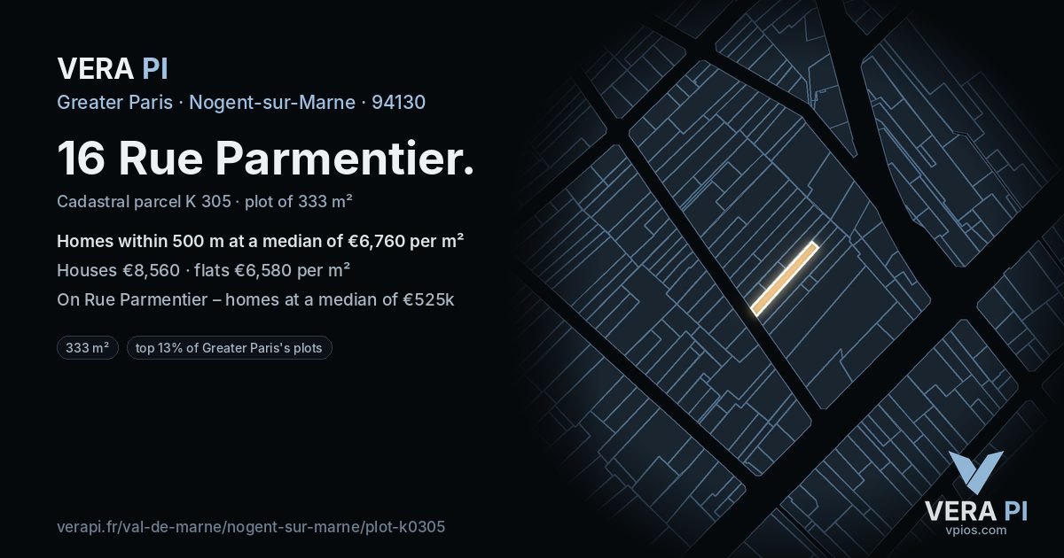 16 Rue Parmentier, Nogent-sur-Marne at night – the plot lit, the parcels around coloured by the prices near them