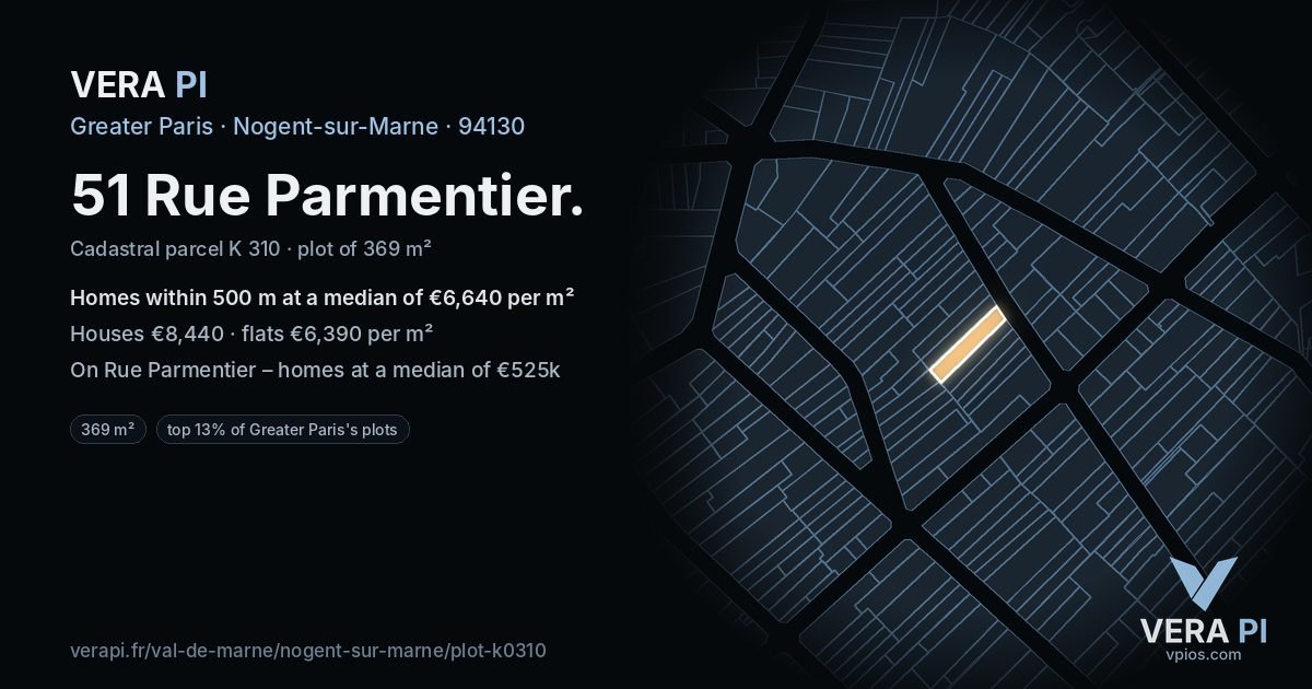 51 Rue Parmentier, Nogent-sur-Marne at night – the plot lit, the parcels around coloured by the prices near them