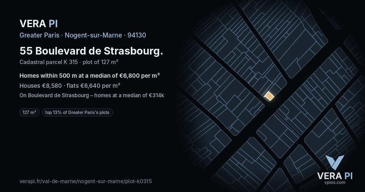 55 Boulevard de Strasbourg, Nogent-sur-Marne at night – the plot lit, the parcels around coloured by the prices near them