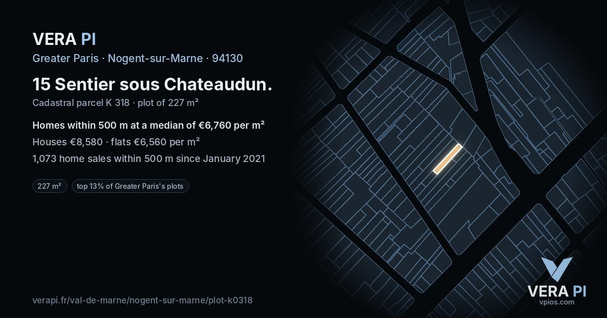 15 Sentier sous Chateaudun, Nogent-sur-Marne at night – the plot lit, the parcels around coloured by the prices near them