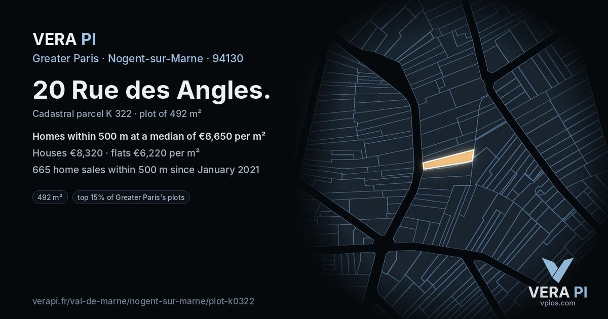 20 Rue des Angles, Nogent-sur-Marne at night – the plot lit, the parcels around coloured by the prices near them