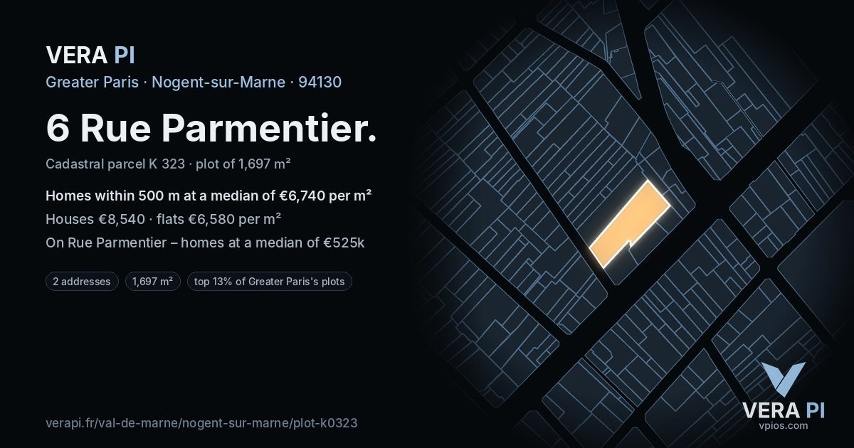 6 Rue Parmentier, Nogent-sur-Marne at night – the plot lit, the parcels around coloured by the prices near them