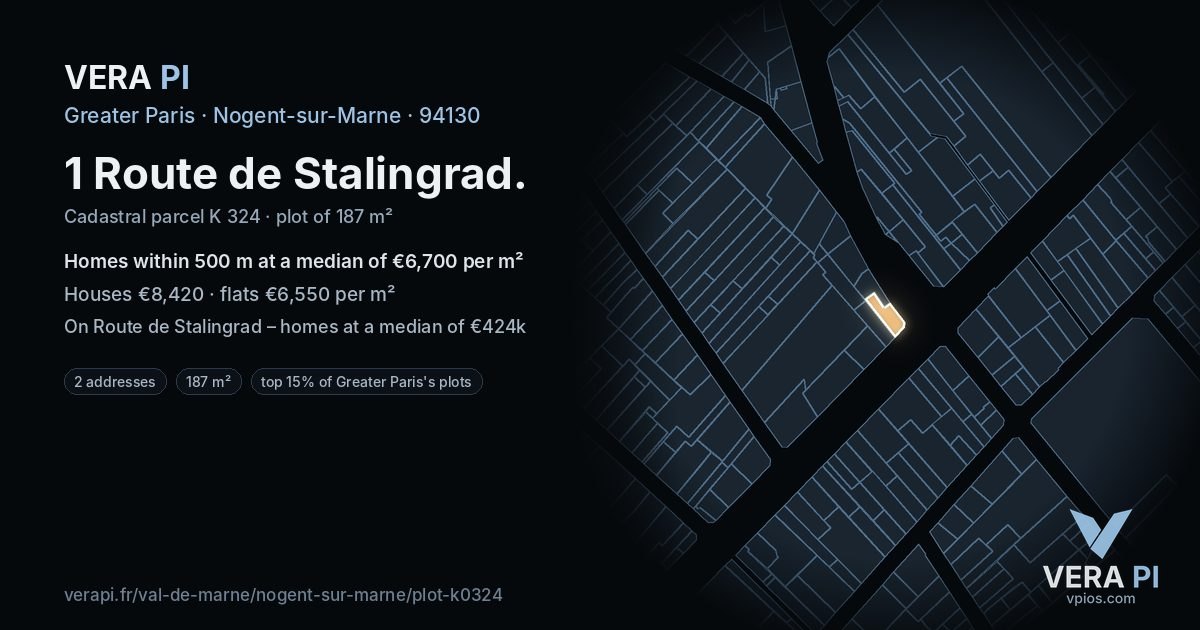 1 Route de Stalingrad, Nogent-sur-Marne at night – the plot lit, the parcels around coloured by the prices near them