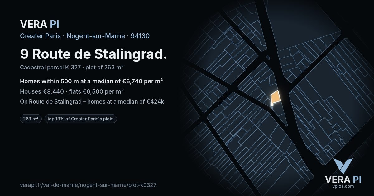 9 Route de Stalingrad, Nogent-sur-Marne at night – the plot lit, the parcels around coloured by the prices near them