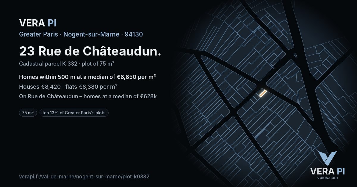 23 Rue de Châteaudun, Nogent-sur-Marne at night – the plot lit, the parcels around coloured by the prices near them