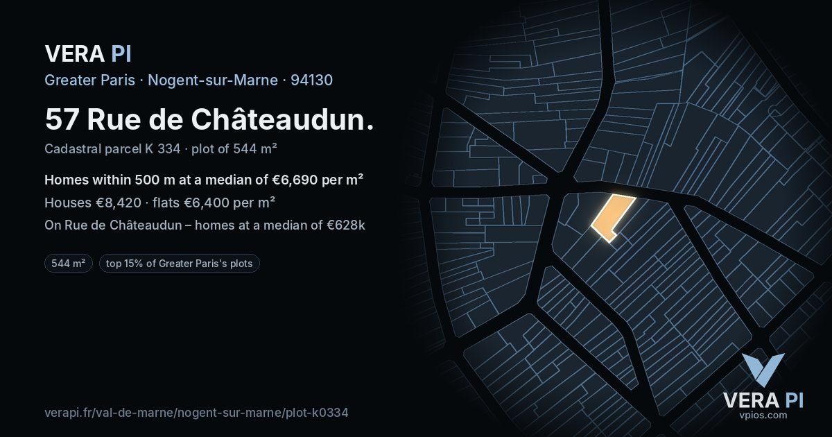 57 Rue de Châteaudun, Nogent-sur-Marne at night – the plot lit, the parcels around coloured by the prices near them