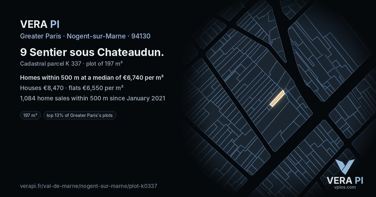9 Sentier sous Chateaudun, Nogent-sur-Marne at night – the plot lit, the parcels around coloured by the prices near them