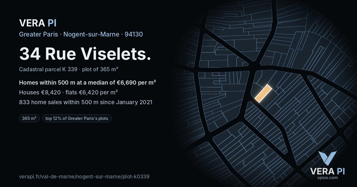 34 Rue Viselets, Nogent-sur-Marne at night – the plot lit, the parcels around coloured by the prices near them
