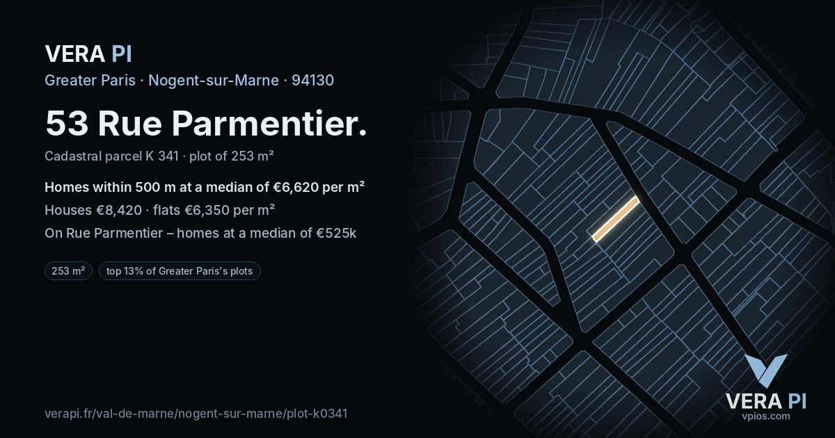 53 Rue Parmentier, Nogent-sur-Marne at night – the plot lit, the parcels around coloured by the prices near them