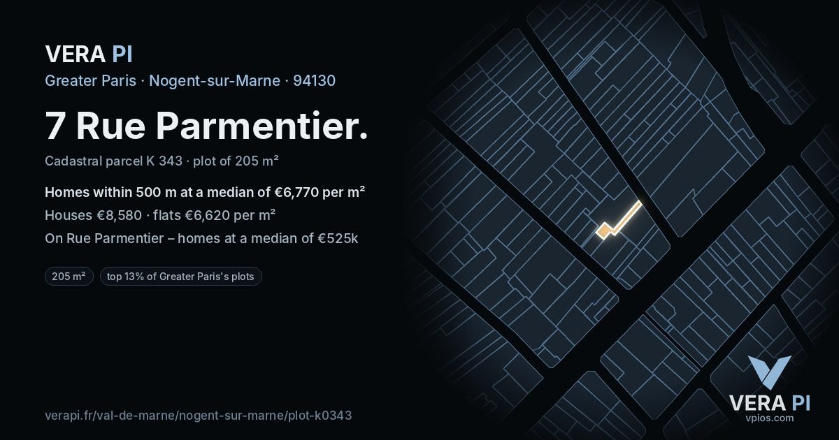 7 Rue Parmentier, Nogent-sur-Marne at night – the plot lit, the parcels around coloured by the prices near them