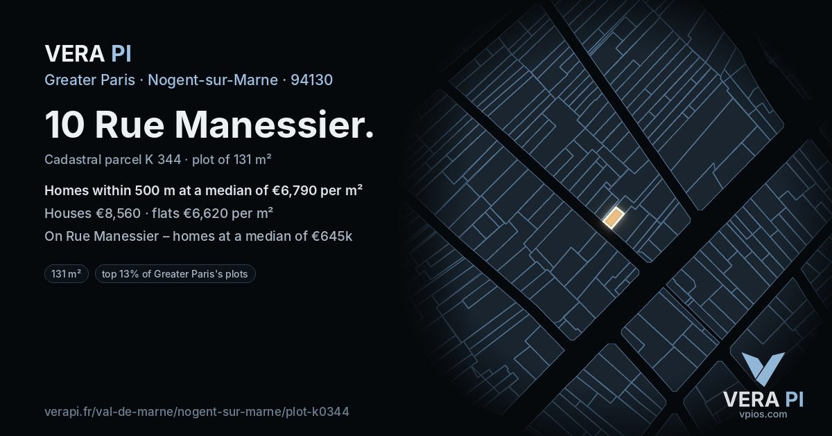 10 Rue Manessier, Nogent-sur-Marne at night – the plot lit, the parcels around coloured by the prices near them