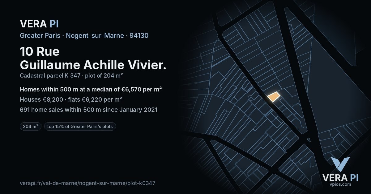 10 Rue Guillaume Achille Vivier, Nogent-sur-Marne at night – the plot lit, the parcels around coloured by the prices near them