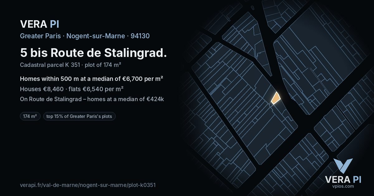 5 bis Route de Stalingrad, Nogent-sur-Marne at night – the plot lit, the parcels around coloured by the prices near them