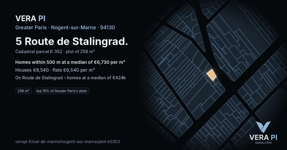 5 Route de Stalingrad, Nogent-sur-Marne at night – the plot lit, the parcels around coloured by the prices near them