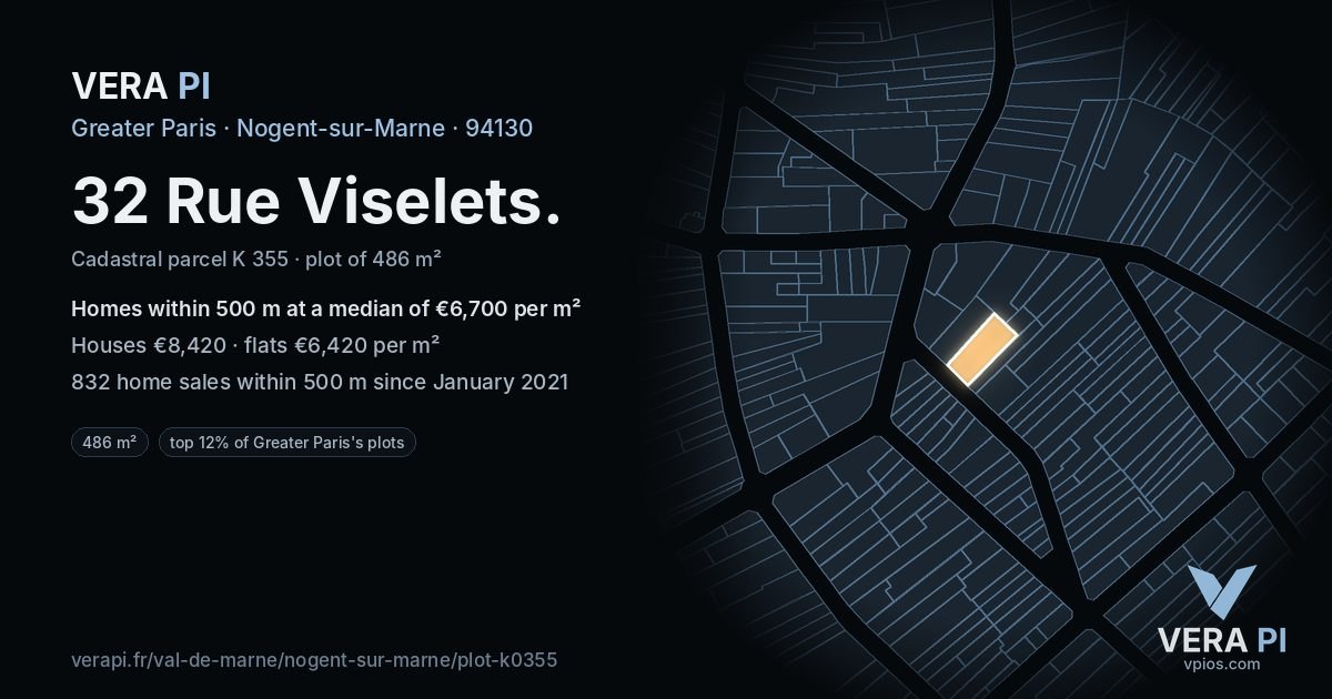 32 Rue Viselets, Nogent-sur-Marne at night – the plot lit, the parcels around coloured by the prices near them