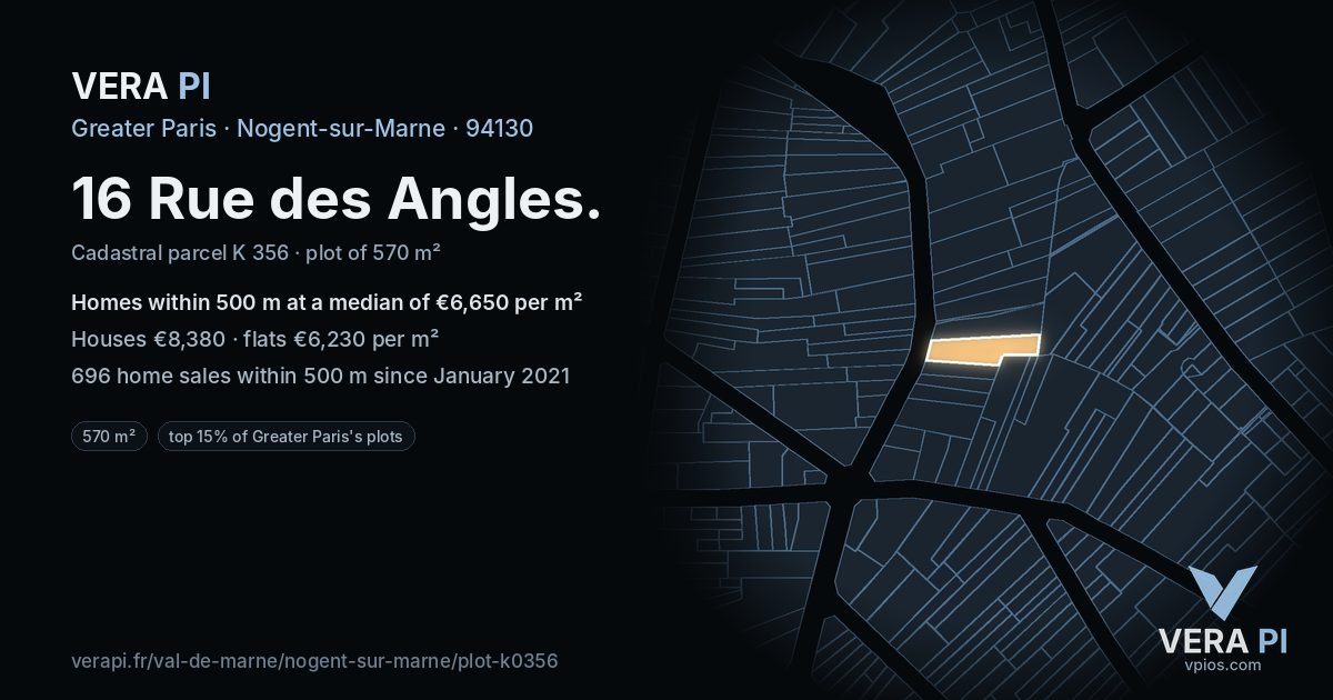 16 Rue des Angles, Nogent-sur-Marne at night – the plot lit, the parcels around coloured by the prices near them