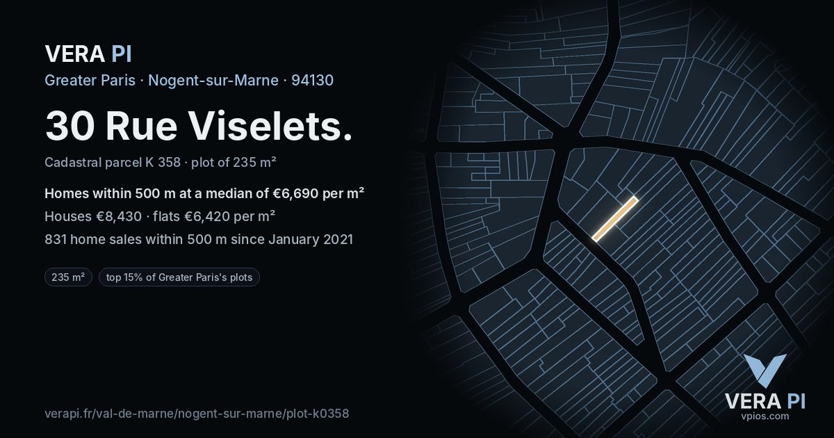 30 Rue Viselets, Nogent-sur-Marne at night – the plot lit, the parcels around coloured by the prices near them