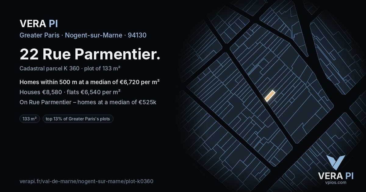 22 Rue Parmentier, Nogent-sur-Marne at night – the plot lit, the parcels around coloured by the prices near them