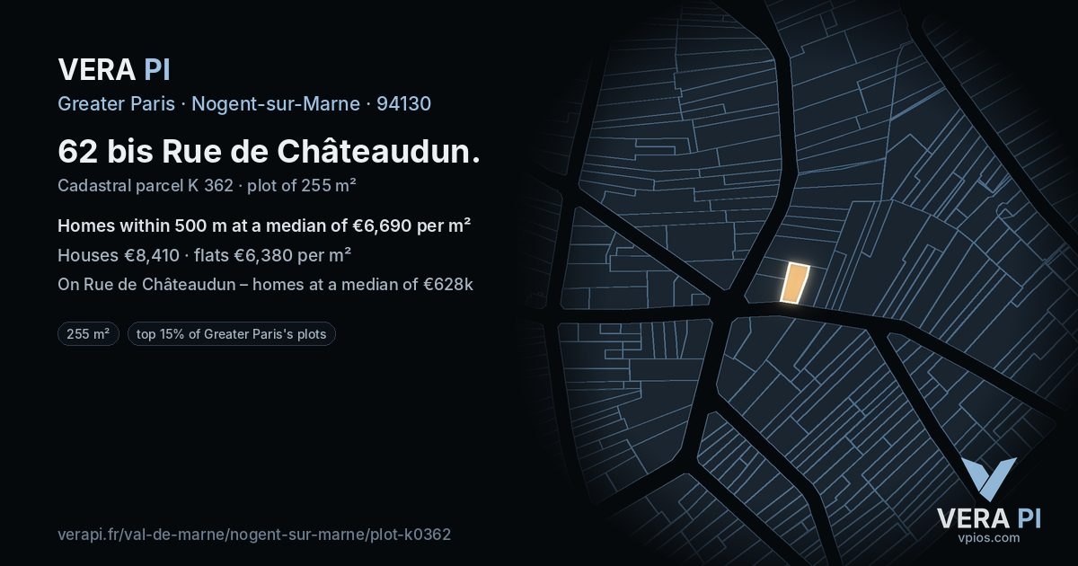 62 bis Rue de Châteaudun, Nogent-sur-Marne at night – the plot lit, the parcels around coloured by the prices near them