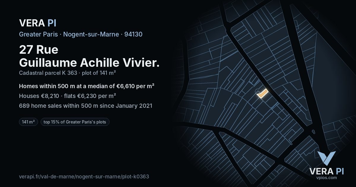 27 Rue Guillaume Achille Vivier, Nogent-sur-Marne at night – the plot lit, the parcels around coloured by the prices near them