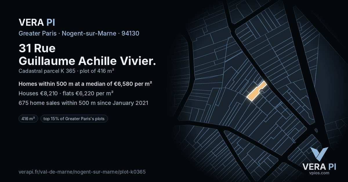 31 Rue Guillaume Achille Vivier, Nogent-sur-Marne at night – the plot lit, the parcels around coloured by the prices near them