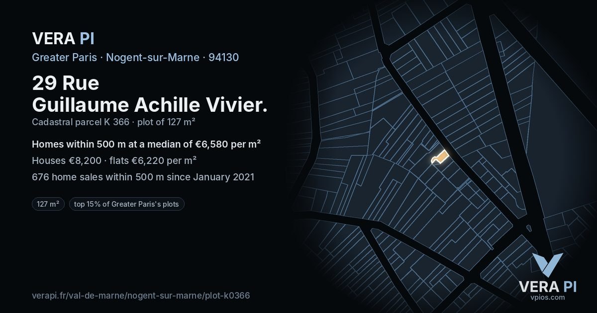 29 Rue Guillaume Achille Vivier, Nogent-sur-Marne at night – the plot lit, the parcels around coloured by the prices near them