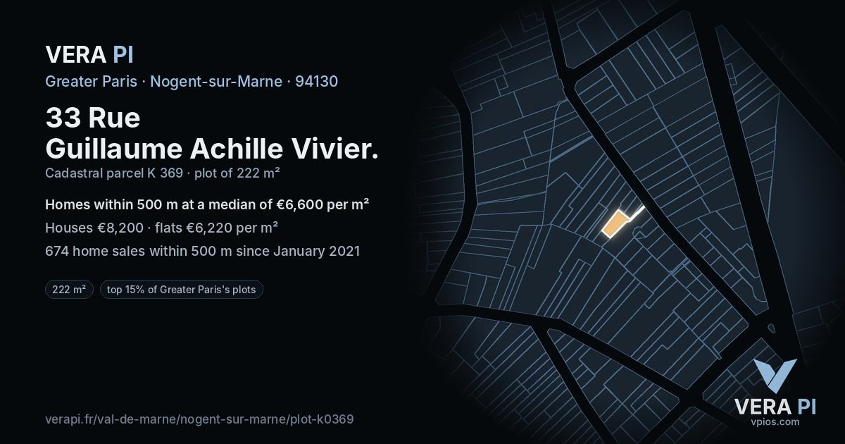 33 Rue Guillaume Achille Vivier, Nogent-sur-Marne at night – the plot lit, the parcels around coloured by the prices near them