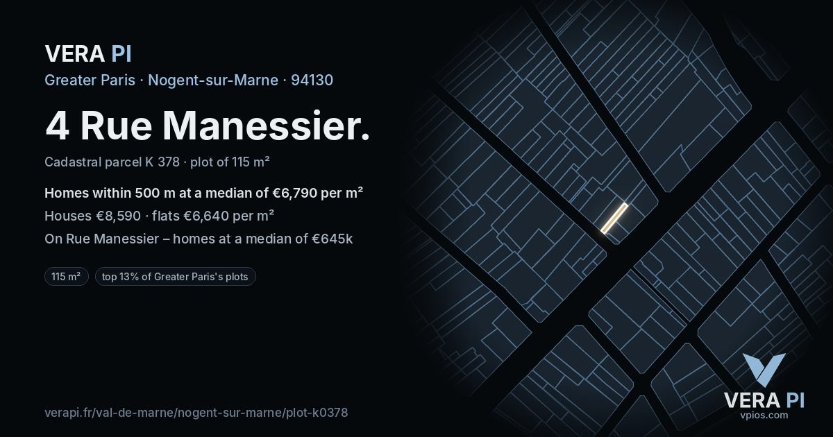 4 Rue Manessier, Nogent-sur-Marne at night – the plot lit, the parcels around coloured by the prices near them
