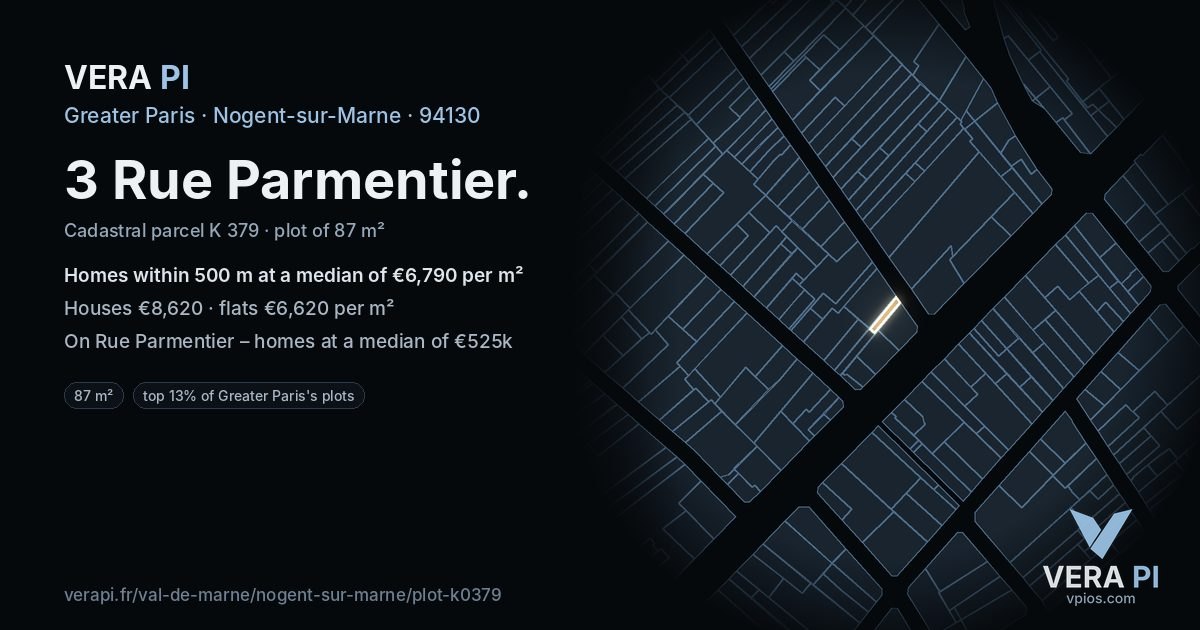 3 Rue Parmentier, Nogent-sur-Marne at night – the plot lit, the parcels around coloured by the prices near them