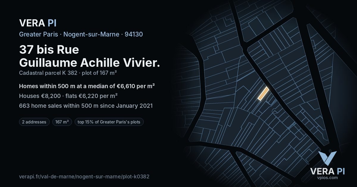 37 bis Rue Guillaume Achille Vivier, Nogent-sur-Marne at night – the plot lit, the parcels around coloured by the prices near them