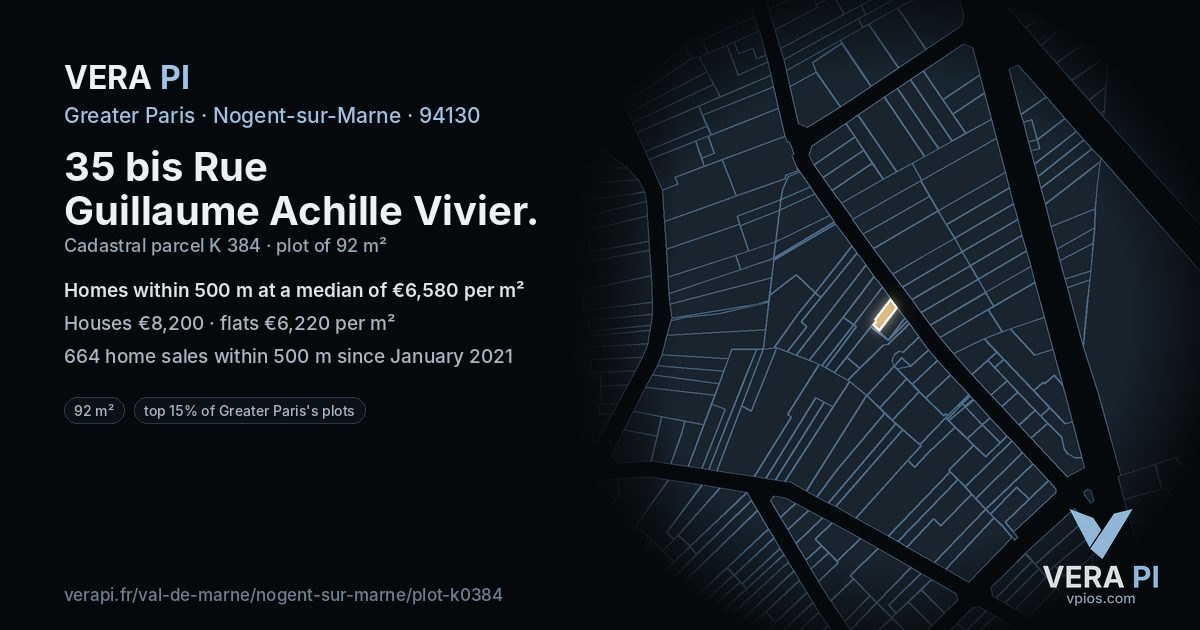 35 bis Rue Guillaume Achille Vivier, Nogent-sur-Marne at night – the plot lit, the parcels around coloured by the prices near them