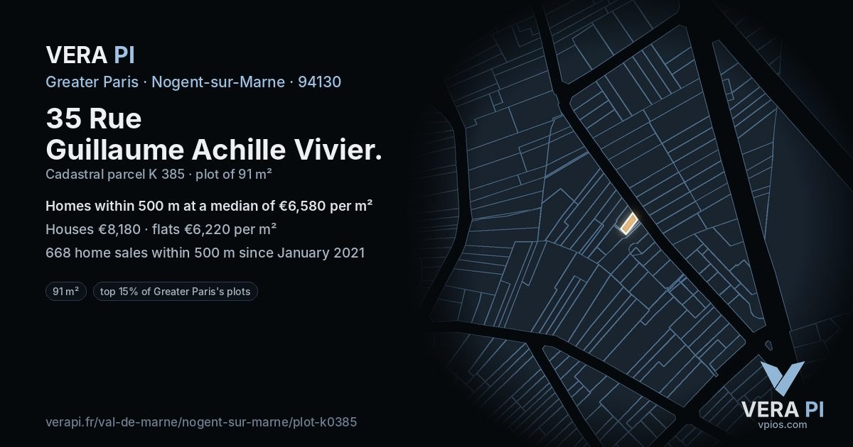 35 Rue Guillaume Achille Vivier, Nogent-sur-Marne at night – the plot lit, the parcels around coloured by the prices near them