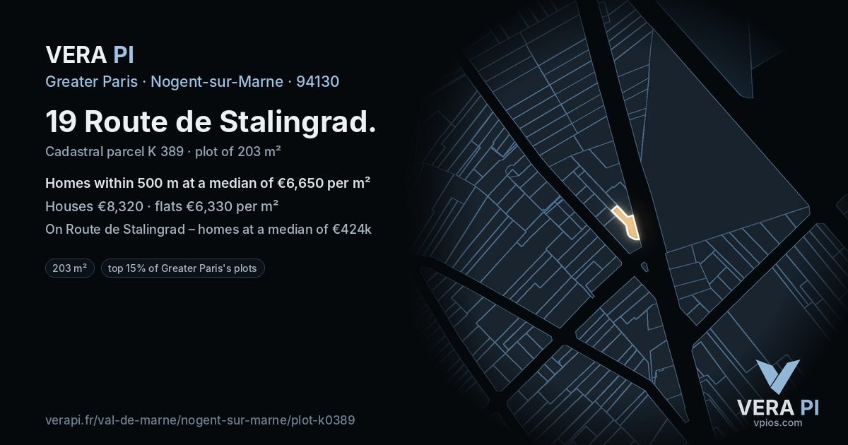 19 Route de Stalingrad, Nogent-sur-Marne at night – the plot lit, the parcels around coloured by the prices near them