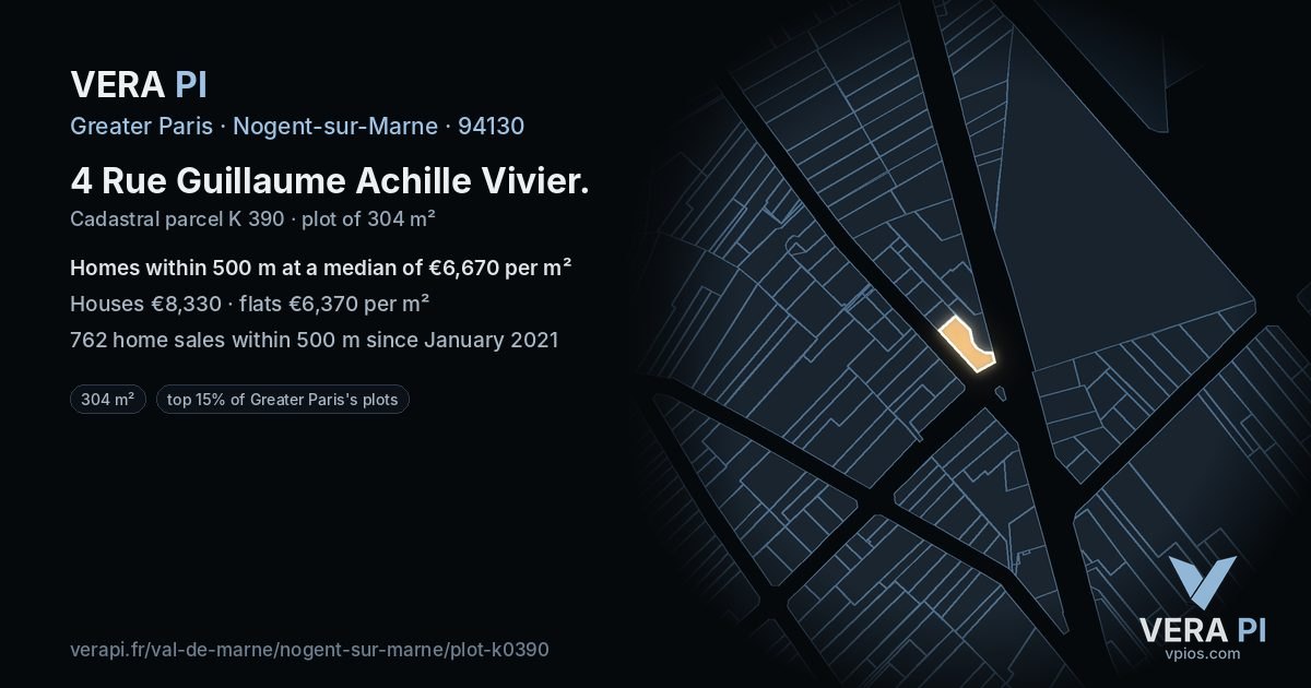 4 Rue Guillaume Achille Vivier, Nogent-sur-Marne at night – the plot lit, the parcels around coloured by the prices near them