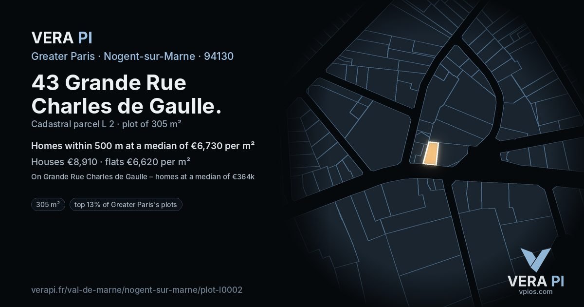 43 Grande Rue Charles de Gaulle, Nogent-sur-Marne at night – the plot lit, the parcels around coloured by the prices near them