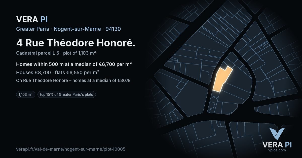 4 Rue Théodore Honoré, Nogent-sur-Marne at night – the plot lit, the parcels around coloured by the prices near them