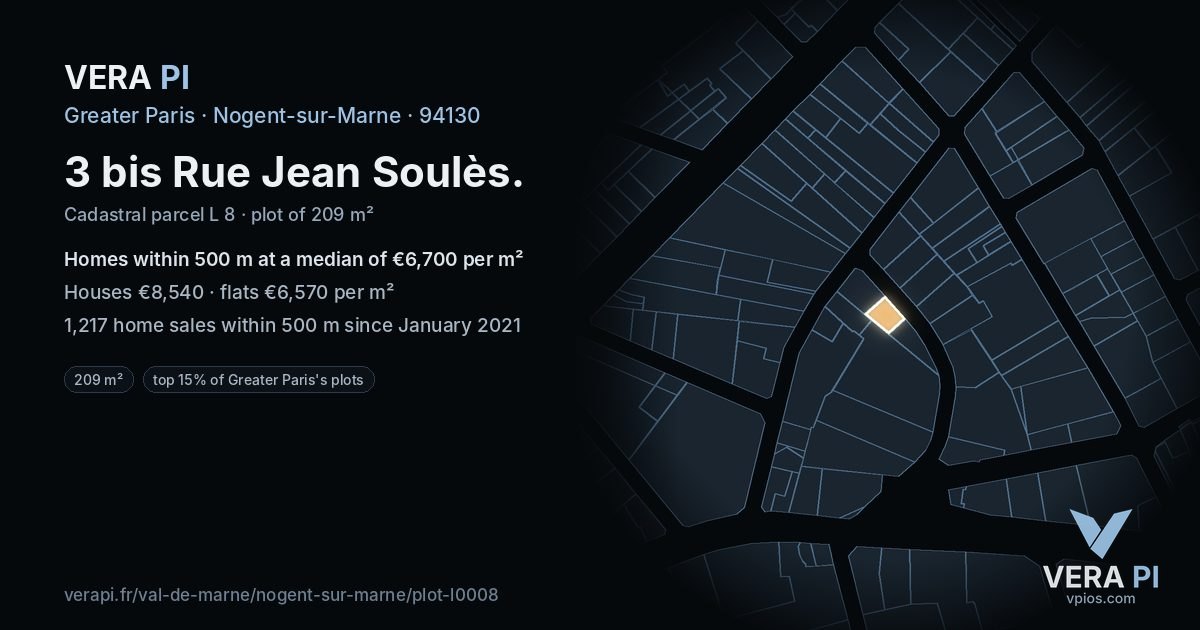3 bis Rue Jean Soulès, Nogent-sur-Marne at night – the plot lit, the parcels around coloured by the prices near them