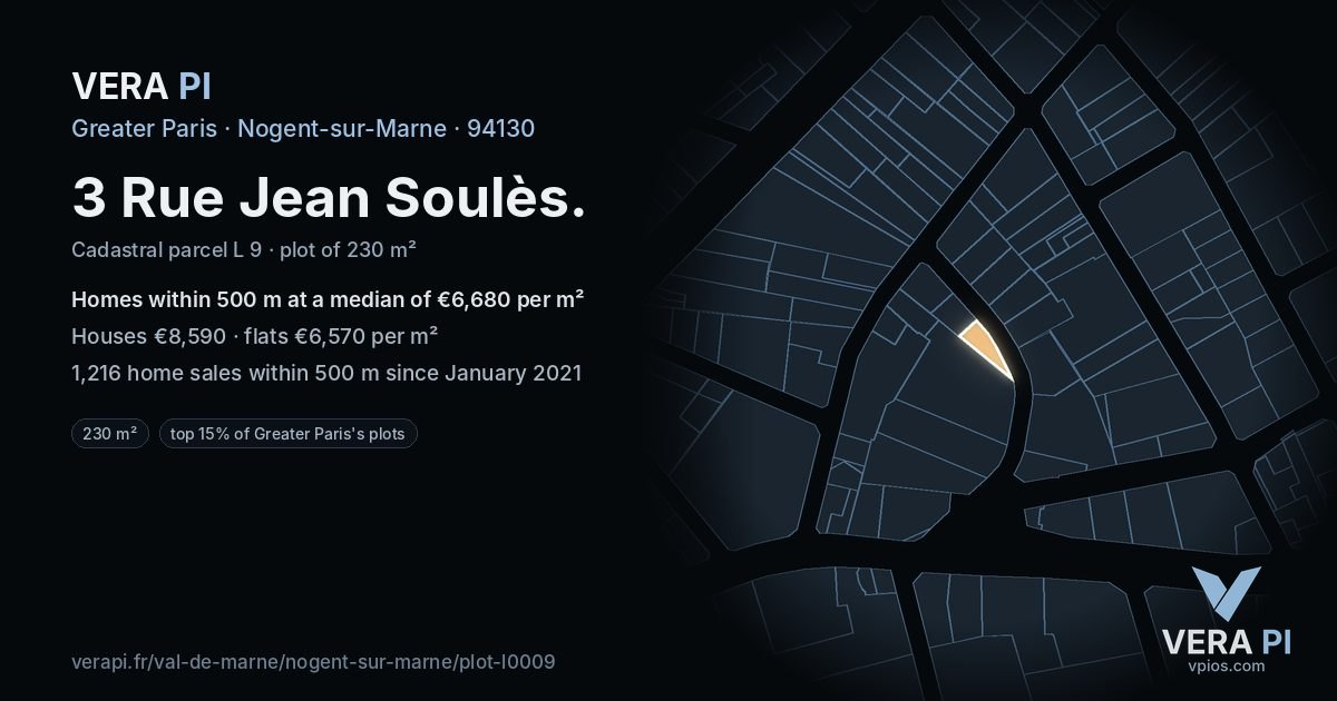3 Rue Jean Soulès, Nogent-sur-Marne at night – the plot lit, the parcels around coloured by the prices near them