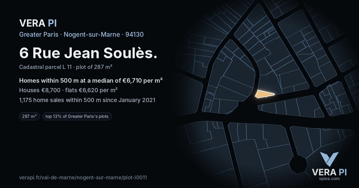 6 Rue Jean Soulès, Nogent-sur-Marne at night – the plot lit, the parcels around coloured by the prices near them