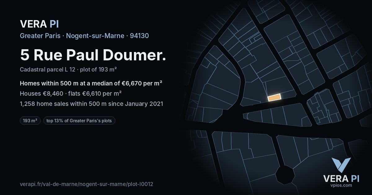 5 Rue Paul Doumer, Nogent-sur-Marne at night – the plot lit, the parcels around coloured by the prices near them