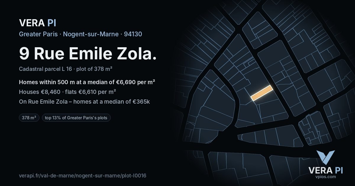 9 Rue Emile Zola, Nogent-sur-Marne at night – the plot lit, the parcels around coloured by the prices near them