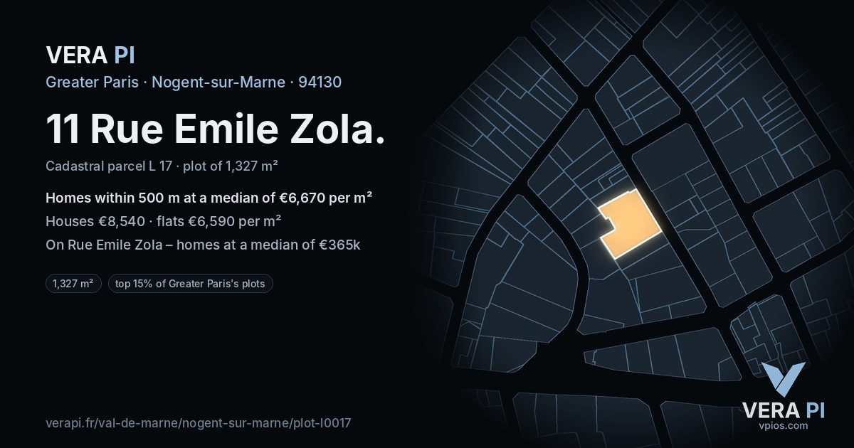 11 Rue Emile Zola, Nogent-sur-Marne at night – the plot lit, the parcels around coloured by the prices near them